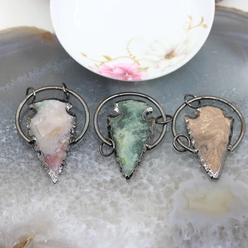 

5pcs/lot,Natural Arrow shape Indian Agates Slice Pendants,Plated Bronze Copper Circle Crystal Quartz Charms Jewelry wholesale