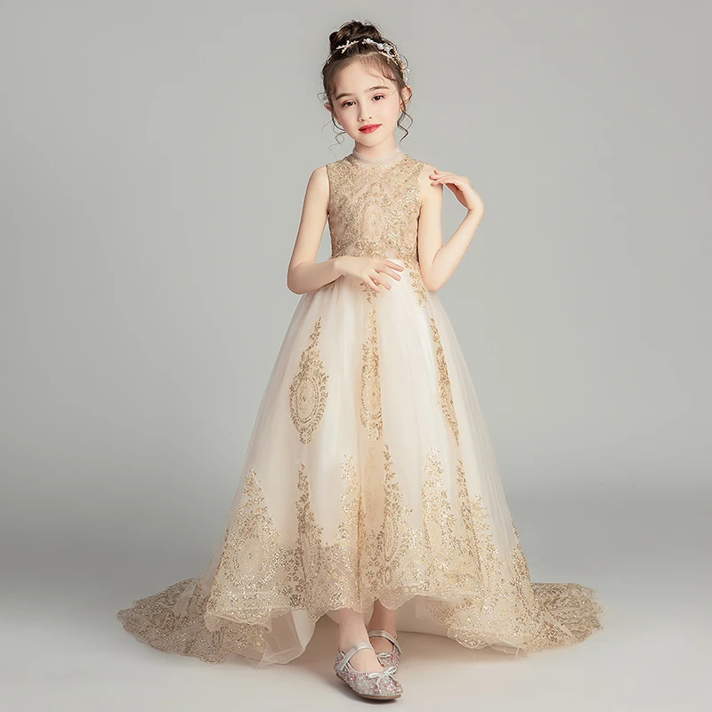 Кружевное Свадебное платье для девочек со шлейфом с золотыми блестками детское