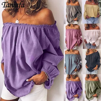 

Autumn and Winter Tops Women's Casual Pleated Long Sleeve Shirts Ladies Elastic Neck Solid Color Off Shoulder Linen Blouse
