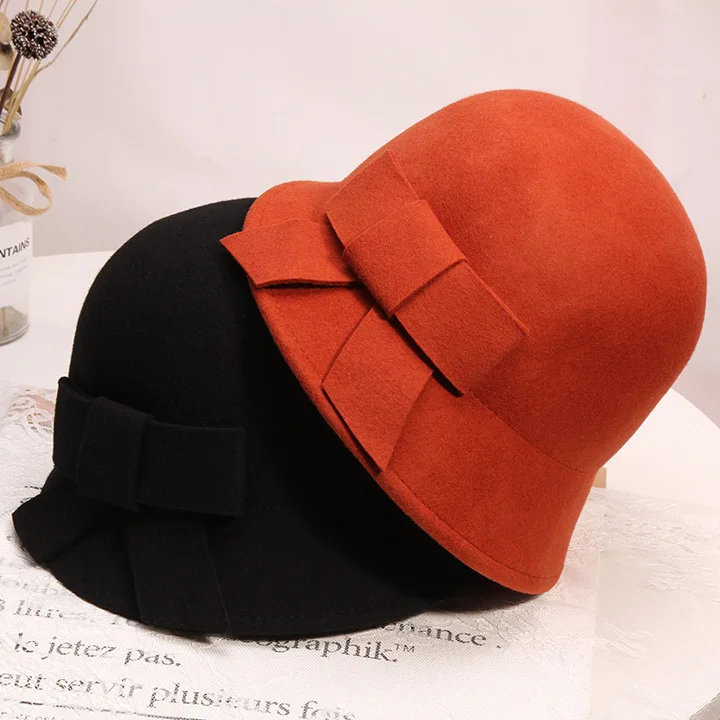 01912-baoliu-bowknot элегантный стиль шерсть леди ужин ведро шляпа Женская официальная Кепка