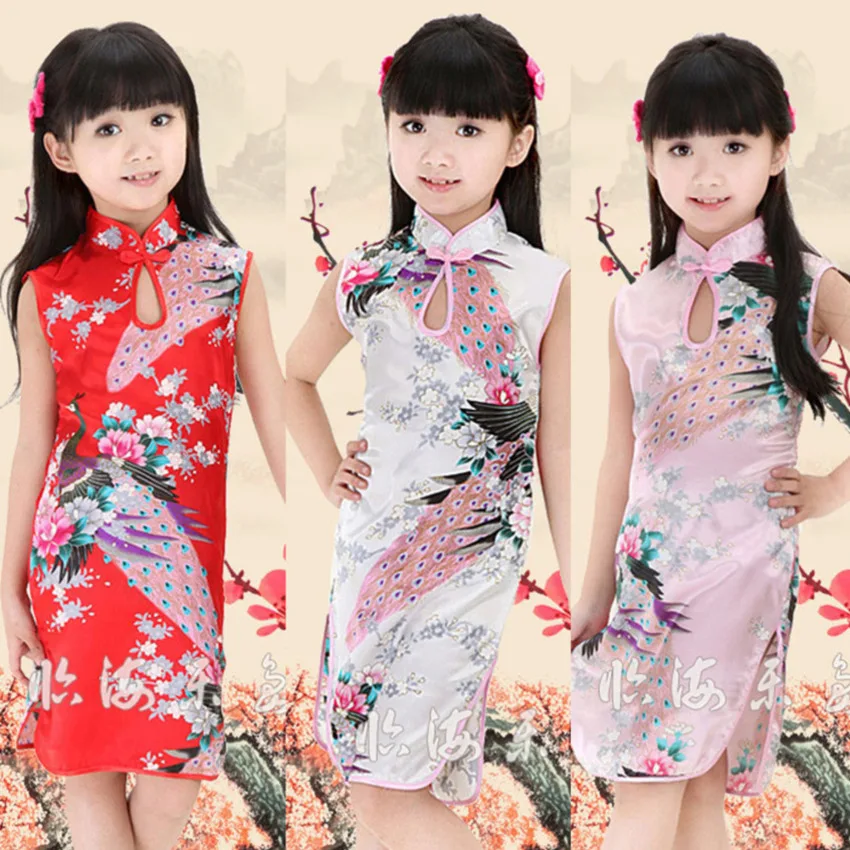 

2020 Girls Cheongsams Dress Chinese Traditional Costumes Vintage Vestido Tang Suit Peacock Satin Kimono Split Dresses For Kids