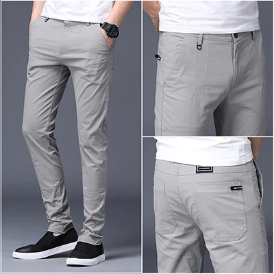 light grey Мужские брюки летние тонкие брюки большого размера однотонные зауженные Повседневные Брюки Корейская версия тренд простые мужские зауженные брюки - Цвет: light grey