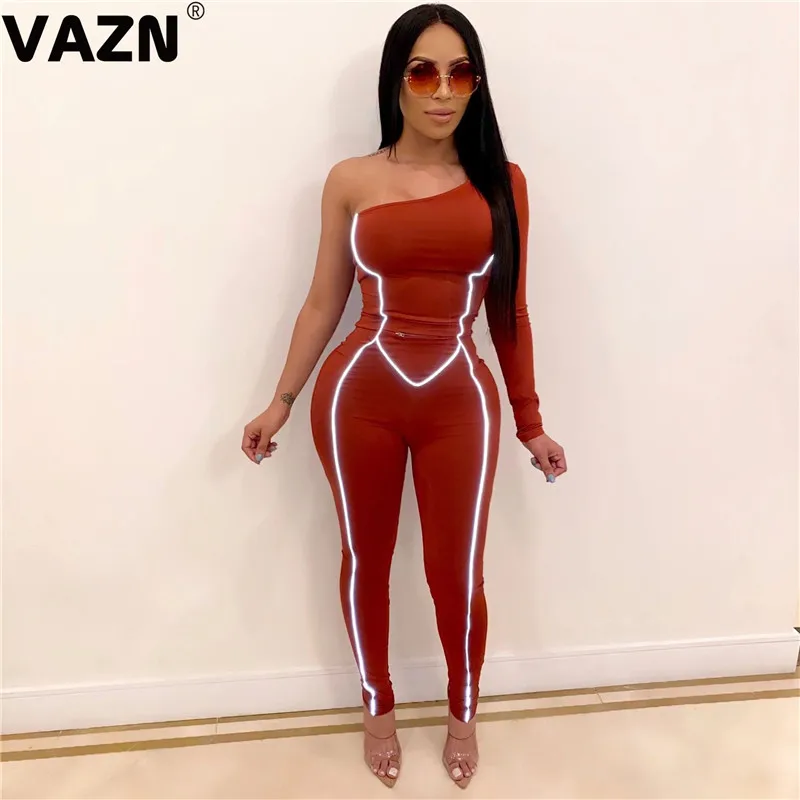 VAZN популярная сексуальная клубная Новинка необычная Мода сплошной длинный рукав одно плечо для женщин Высокая талия эластичный длинный карандаш комбинезоны