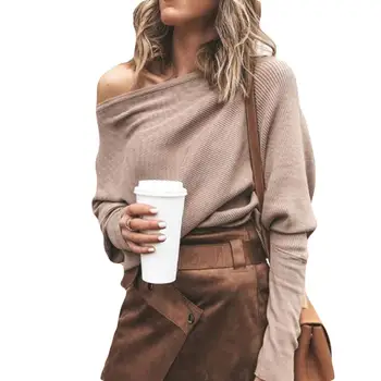 

Sexy Women Solid Color Off Shoulder Long Sleeve Sweater Loose Knitted Pullover