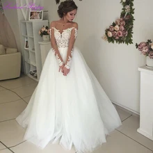 Элегантное женское ТРАПЕЦИЕВИДНОЕ Тюлевое пляжное свадебное платье с длинным рукавом с глубоким вырезом и кружевной аппликацией длиной до пола без бретелек свадебное платье