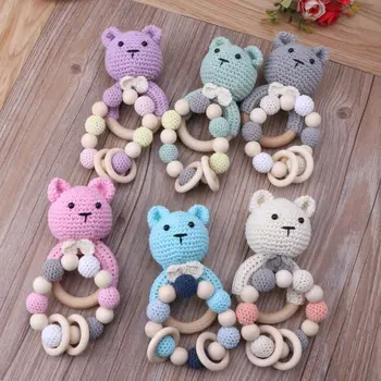 

Baby Wooden Teether Bracelet Set Crochet Animal Teething Rattle Ring Chewing Toy