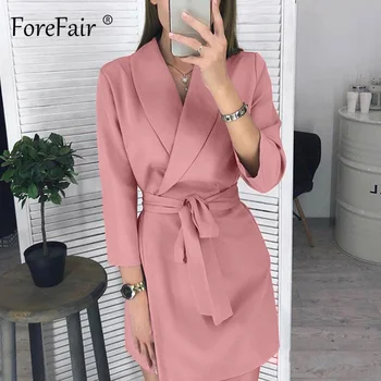

Forefair Tie Waist Long Sleeve Mini Dress Women 2020 Sexy Khaki Pink Elegant Slim Work Blazer Casual Party Dress Women
