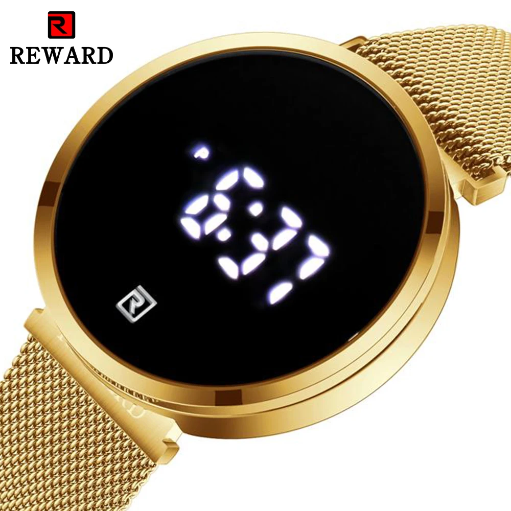 

REWARD Black Golden Touch Screen Quartz Wristwatch Stainless Steel Mesh Band Man Watch Luminous Waterproof Business Date Clock