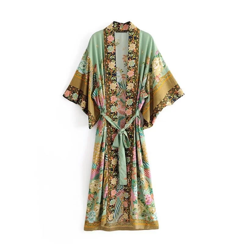 Green Yukata 2020 Japanese Fashion Bathrobe Female Japan Robe Kimono Haori Obi Yukata Women