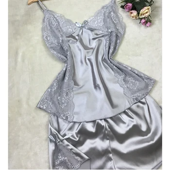 

Summer Sexy 2 PC Women's gray Nightwear Set Deep V Straps Nightgown Lace Lingerie Pajamas Female комплект ночного белья