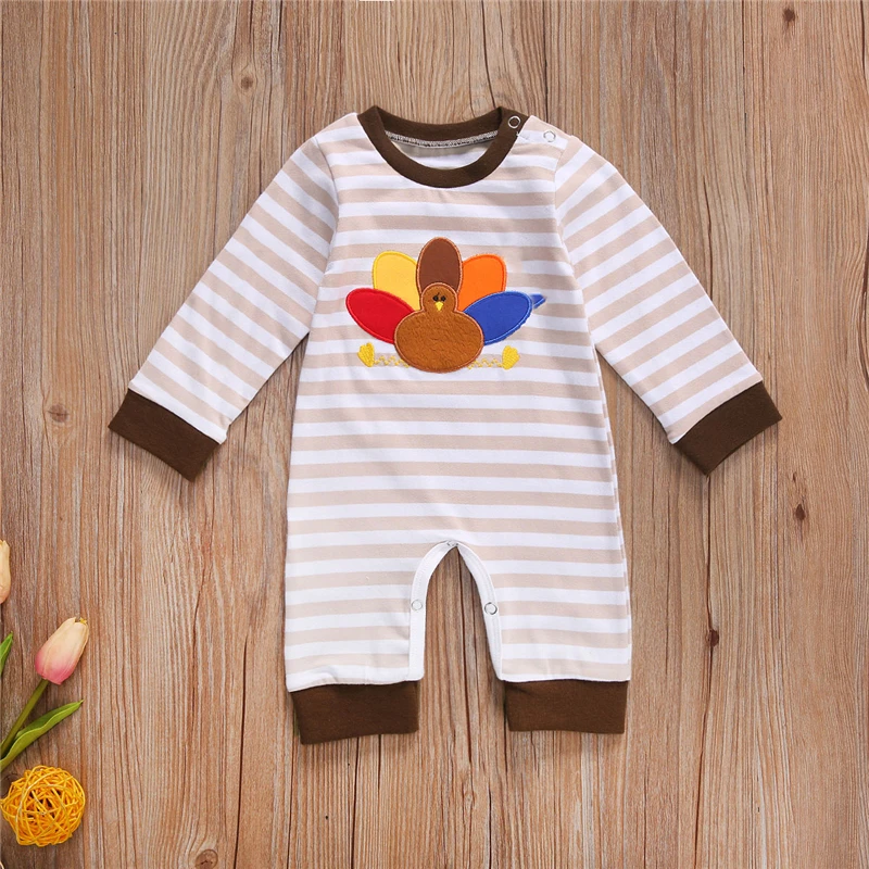 

Newborn Thanks giving Romper, Infant Long Sleeve Round Neck Turkey Pattern Stripe Jumpsuit Casual Style Clothes Autumn Cotton