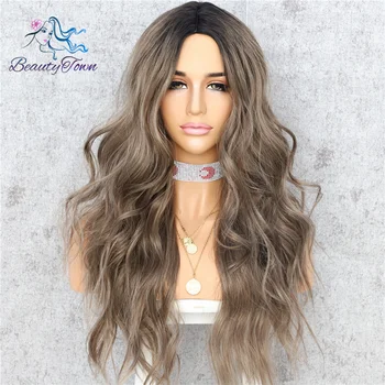 

BeautyTown Simulated Scalp Ombre Dark Brown Color High Heat Resistant Hair Cosplay Party Synthetic Machine Made Daily Women Wigs