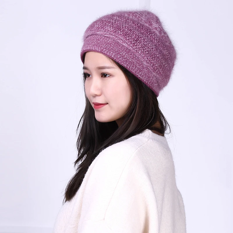 

Angora Hat Women Winter Beanie Knit Warm Double Layers Thermal Snow Outdoor Skiing Accessory Cap Headwear