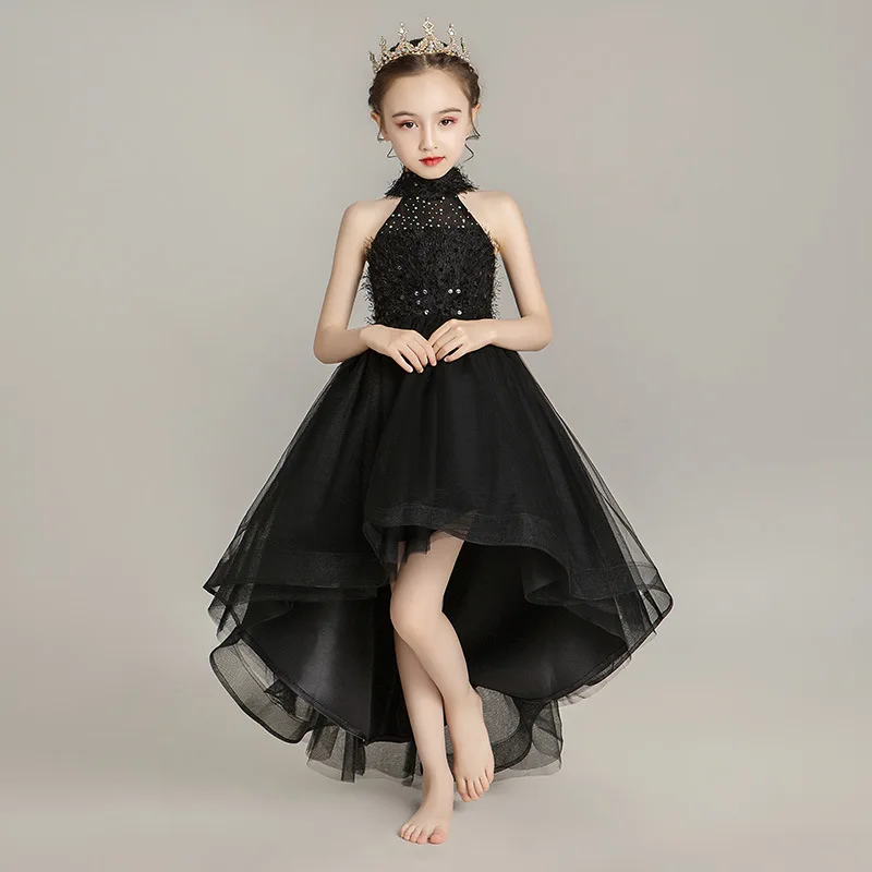 Вечерние Платья с цветочным рисунком для девочек, черные платья на свадьбу для девочек, сексуальное платье с высоким низом для маленьких девочек