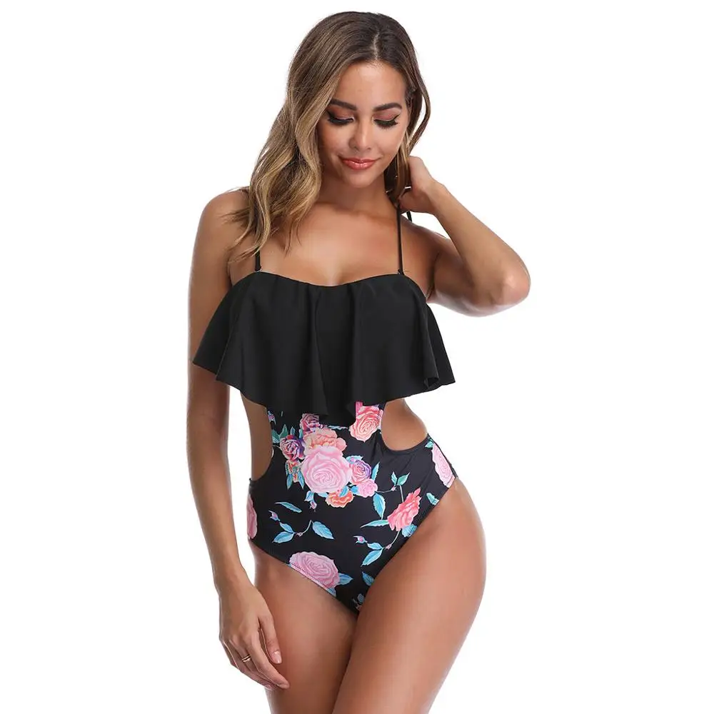 

ZAFUAZ Sexy Floral Off Shoulder Ruffle Swimsuit 2020 New One Piece Swimsuit Lace Up Bandage Beachwear Bathing Backless Monokini