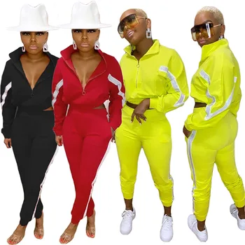 

ZKYZWX Sexy Two Piece Set Zip Long Sleeve Top+Pocket Side Striped Pants Suit Fall Winter Women Clothing Tracksuit Matching Sets