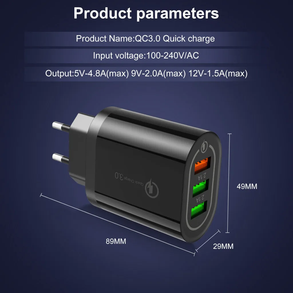 Быстрая зарядка US/EU 18W для QC 3,0 5 V/2A 3-USB зарядное устройство для путешествий блок питания