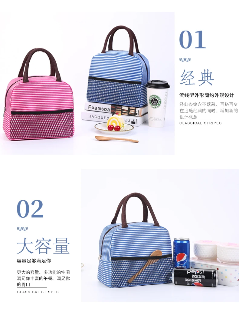 Insulated Bags for Warm Cold Lunch Box Picnic Bags Canvas Striped Lunch Totes Thermal Portable Warm Heating Bags Women Kids