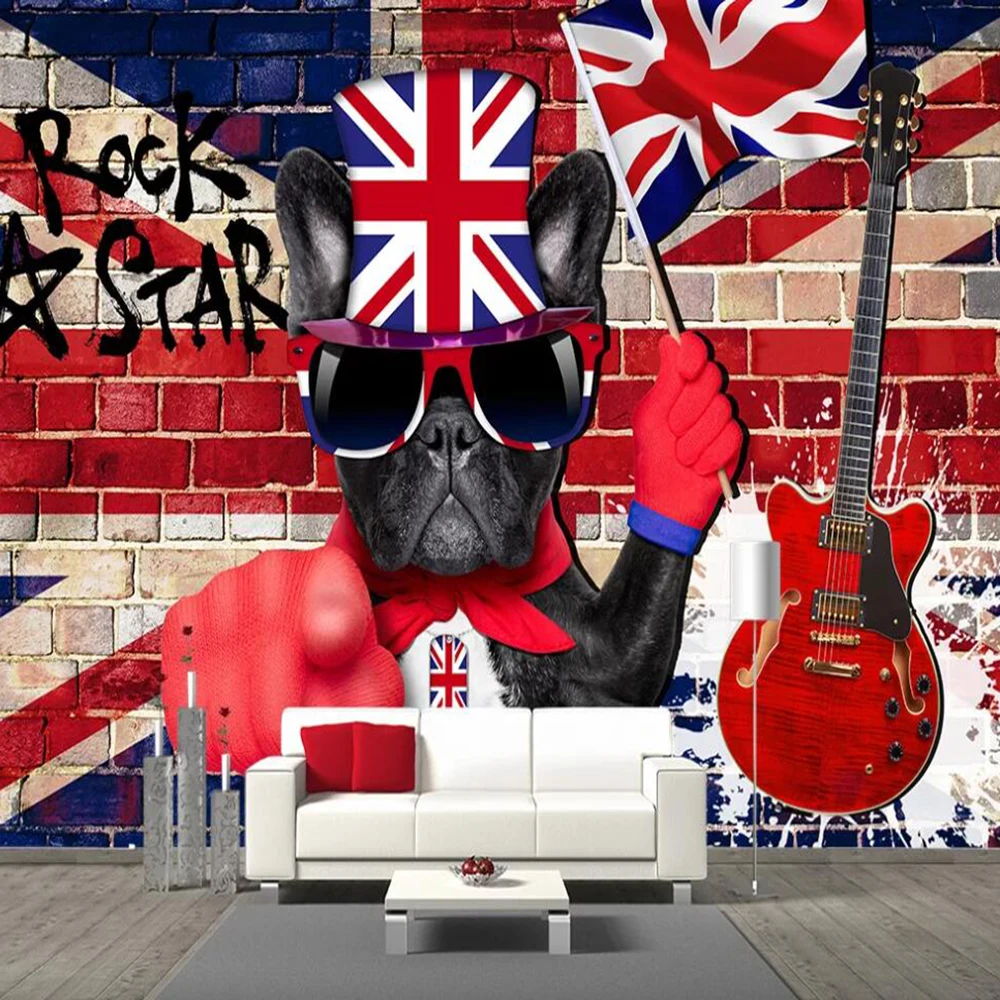 

Drop Shipping Custom Large 3D Wallpaper Murals British Retro Rock Dog Guitar Fashion Decorative Wallpaper Murals
