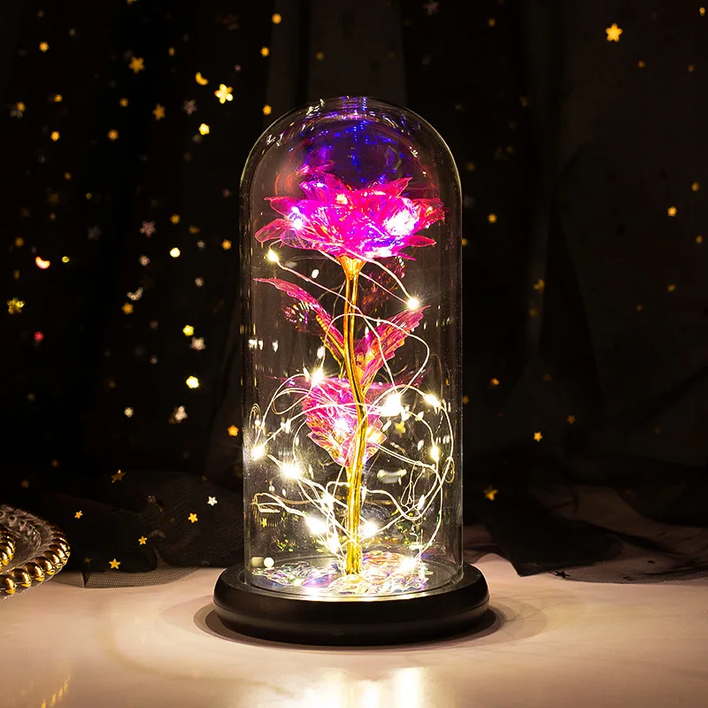 LED Light Artificial Eternal Rose Beauty The Beast In Glass Cover