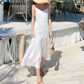 

Colorfaith New 2020 Women Summer Sundress V-Neck Beach Holiday Backless Sexy Satin Trumpet Fashionable White Long Dress DR8067