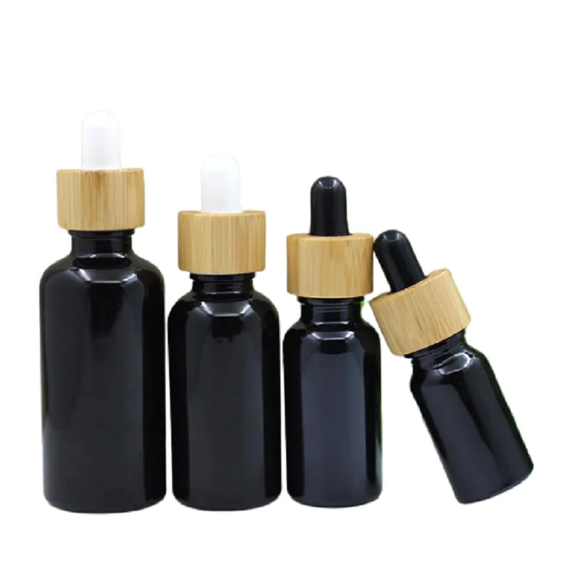 

Empty Shiny Black Glass Bottle Bamboo Wood Ring 5ml 10ml 15ml 20ml 30ml 50ml 100ml Rubber Dropper Refillable Essential Oil Vials