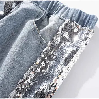 

Plus Size Side Sequins Ankle Length Jogger Jeans 3Xl 4Xl Spring Summer Chi Lady Light Blue Elastic Waist Capris Jean Denim Pants