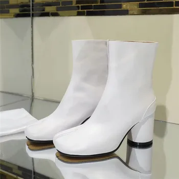 

Women Ankle Leather Boots Split Toe Round Heels Splited Toe Lady Shoes Woman High Heels Female Boots Ninja Boots