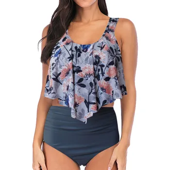 

Women Plus Size Ruffles Lotus Leaf Print Swimsuit Bikini 2020 mujer High Waist Split Bikini Set Mujer Summer Solid Sling biquini