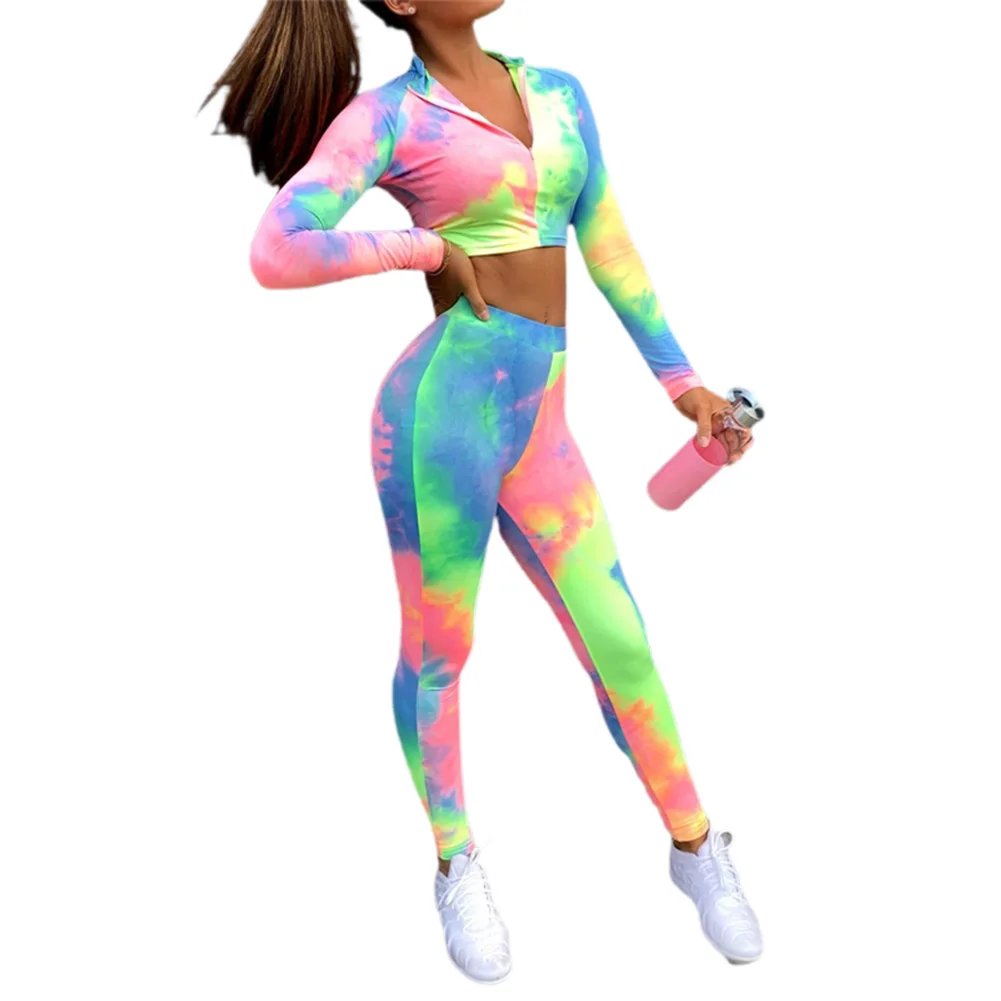 

2 Pieces Sport Suit Set for Women, Tie-Dye Print V-Neck Long Sleeve Crop Top+Trousers
