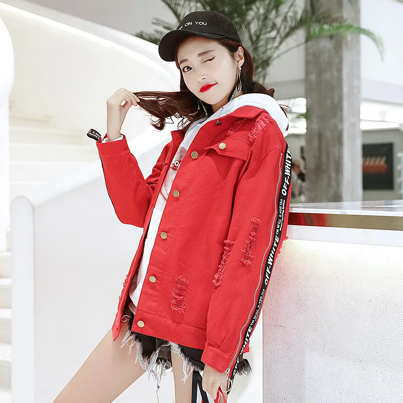 

2018 Autumn Shoot Circular Ring Zip Weaving Tape Denim Jacket Fashion Loose-Fit Washing Water with Holes Men And Women COUPLE'S