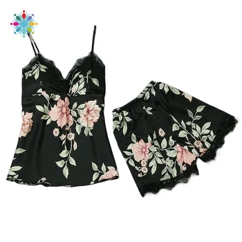 

Hot Summer Women V-Neck Sleepwear Sets Sexy Sleeveless Printed Sling Shorts Pajamas