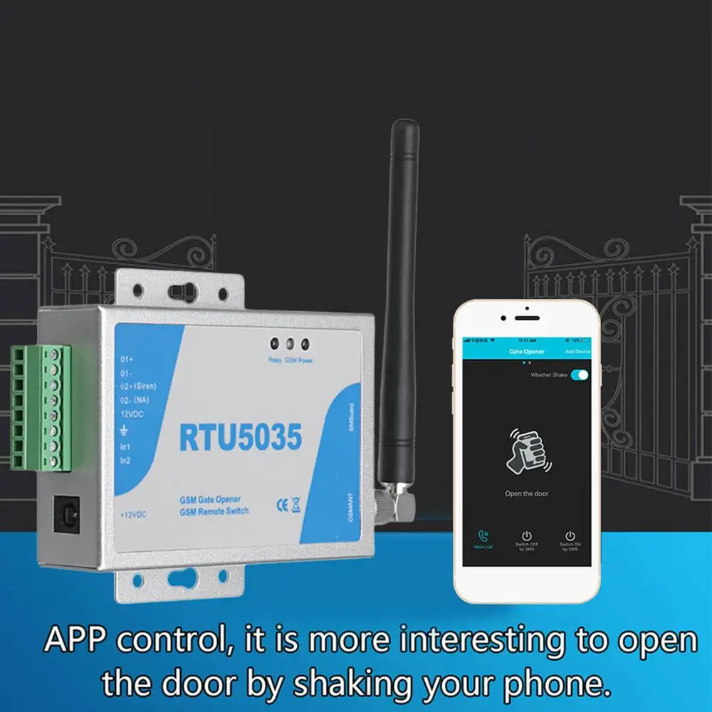 

RTU5035 GSM Gate Opener Relay Switch Wireless Remote Controller Door Opening Device with Antenna Illegal Intrusion Alarm