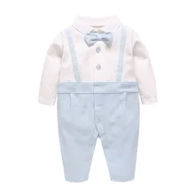 Живописный Детский комбинезон для новорожденных и маленьких мальчиков; одежда из чистого хлопка с длинными рукавами и галстуком-бабочкой в джентльменском стиле; свадебный костюм