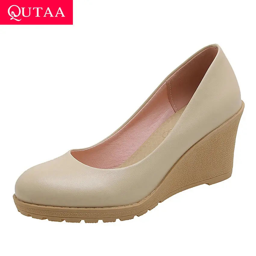 

QUTAA 2020 Wedge High Heel Platform Concise Women Single Shoes Spring Autumn Casual Round Toe PU Leather Ladies Pumps Size 34-43