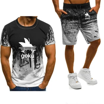

New Summer Men T-shirt Anime Dragon Ball Z Casual Cotton Fashion Short Sleeve Son Goku HipHop Men T-shirt + Shorts Suit 2 Pieces