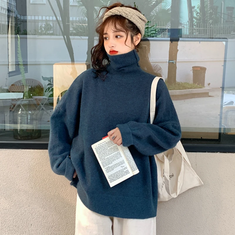 Koop Harajuku Coltrui Gebreide Trui Vrouw Herfst Losse College Stijl Lange Mouw Trui Vrouwen Solid Slim Warme Trui Dames