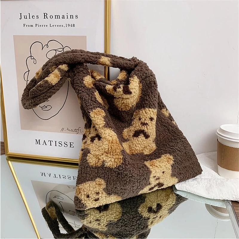 Women Lamb Like Fabric Shoulder Bag Autumn Winter Plush Cartoon Bear Handbags Large Capacity Shopping Bags Girls Cute School Bag