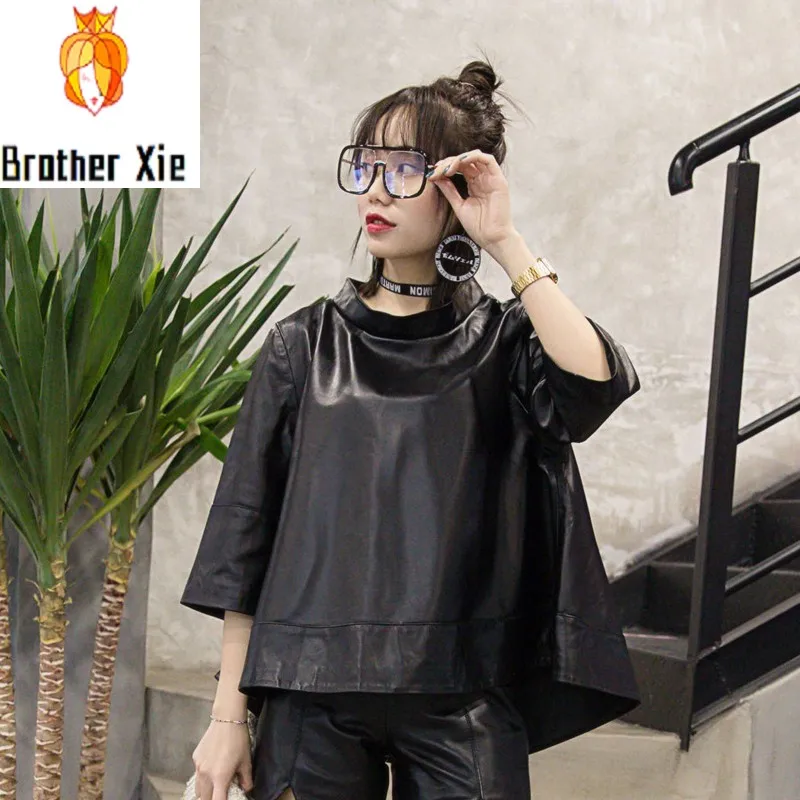 

New Women Turtleneck Loose Fit Top Outwear Three Quarter Sleeve Sheepskin Genuine Leather Jacket Streetwear Irregular Cloak Coat