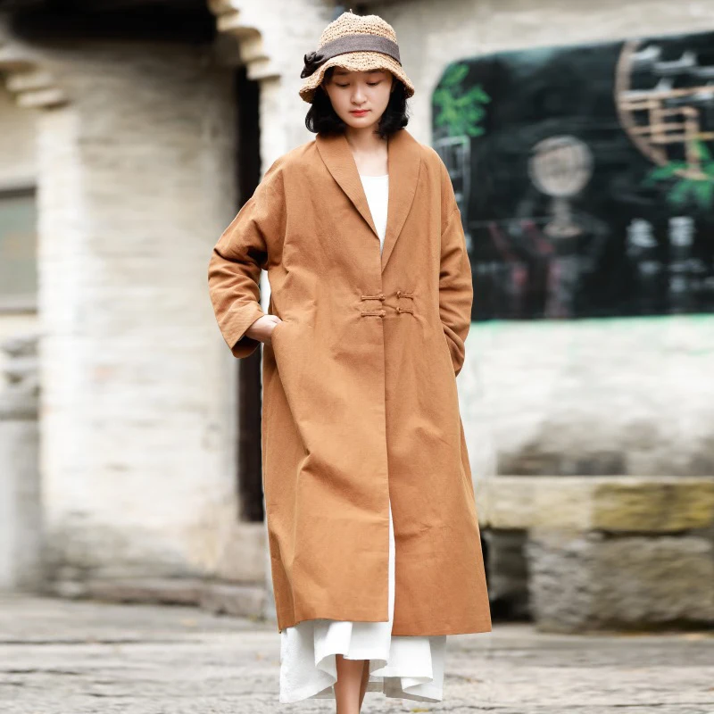 Johnature Autumn Winter Solid Color Turn-down Collar Fashion All-match Windbreaker Coat New Cotton Linen Women Long Coats