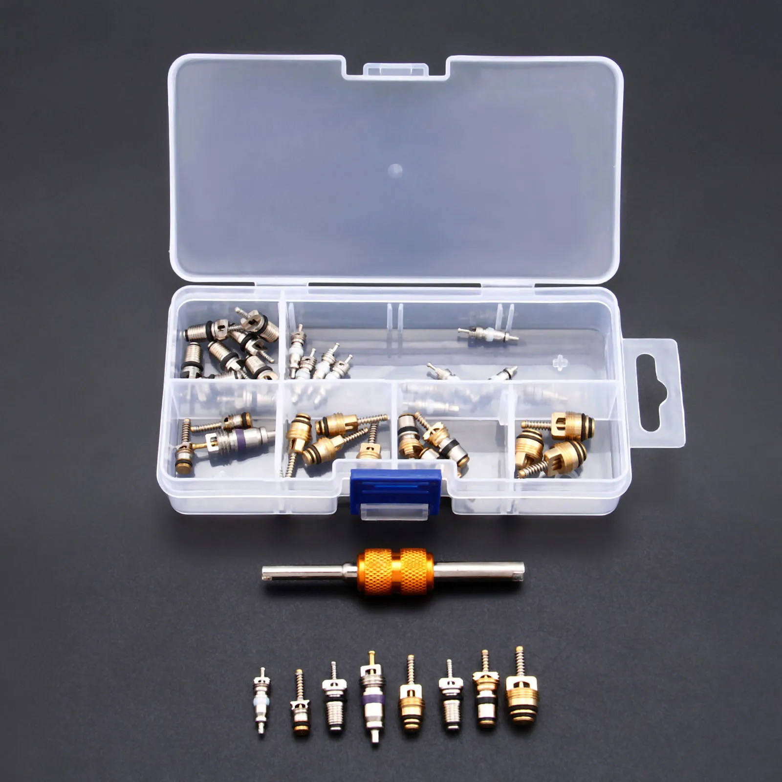 40PCS R12 R134A A/C Valve Stem Cores Remover Box Kit For Car Air