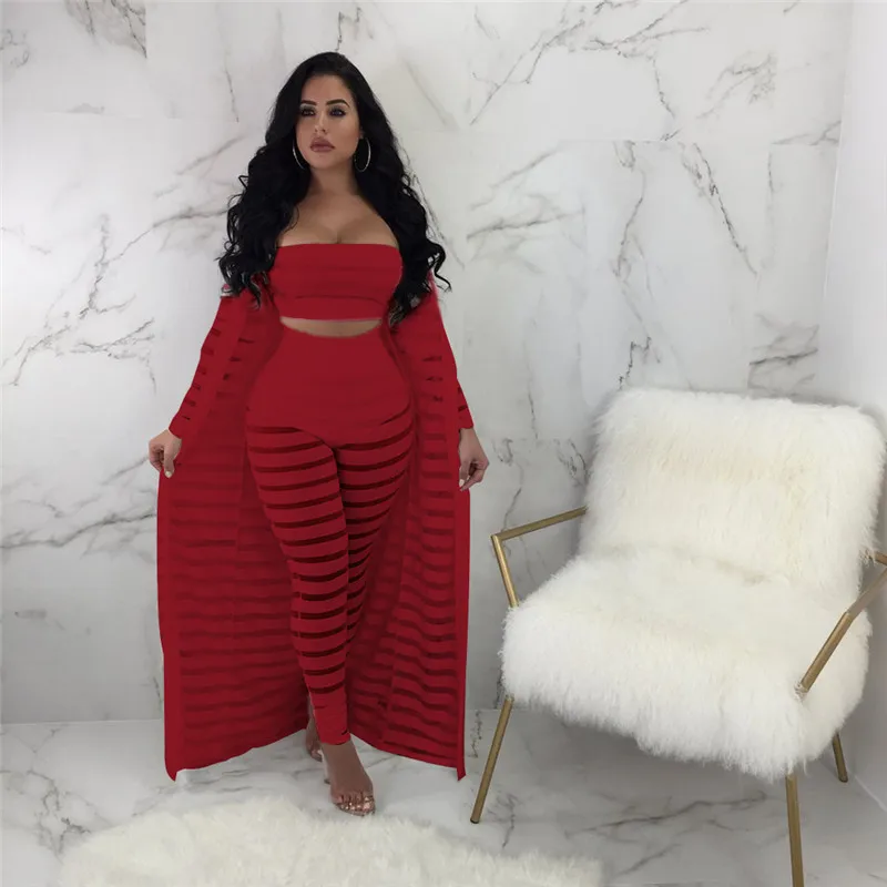 Adogirl Solid Sheer Mesh Stripe Women Casual 3 Piece Set Strapless Tube Top Pencil Pants Full Sleeve Extra Long Cardigan Suits