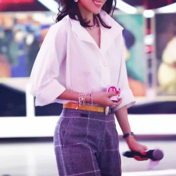 

Spring Summer Women's White Blouse Stand collar pearl buckle lady OL Office Shirt Fashion Cotton Blouses and top