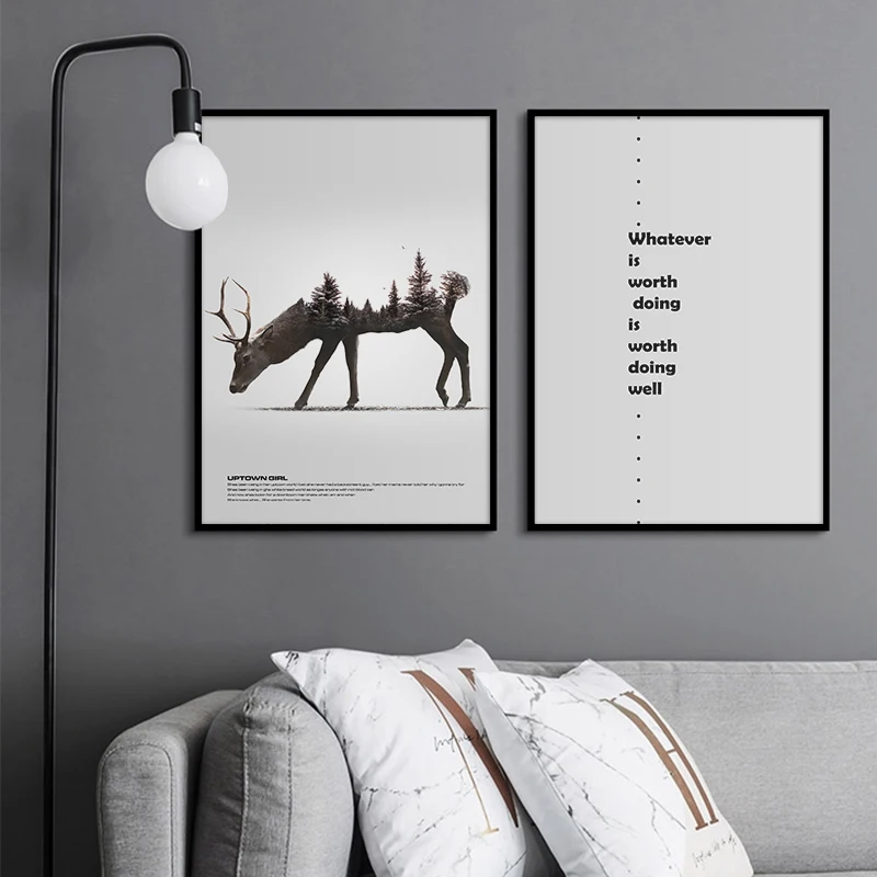 

Deer Fox Silhouette of Forest Canvas Painting Nordic Quotes Posters and Prints Animals Wall Pictures for Aisle Room Decor