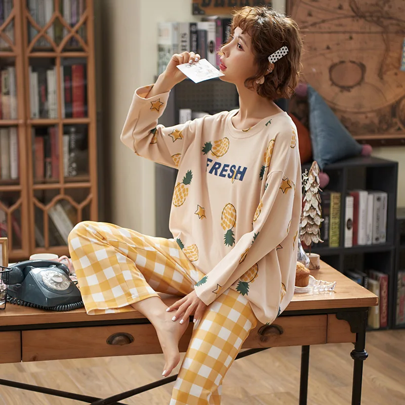 

Pajamas Women's Spring And Autumn 6535 Cotton Long Sleeve Trousers Korean-style Women's Summer Thin Section Nursing Home Wear Tw