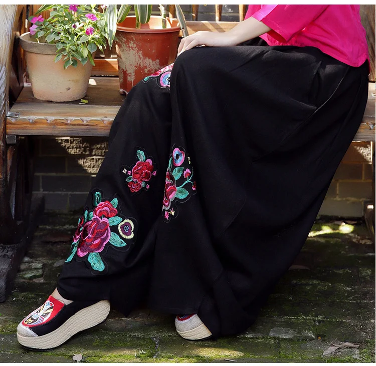 Черный KYQIAO винтажные широкие брюки pantalones mujer женские зимние весенние Длинные розовые красные черные брюки с вышивкой pantalon femme - Цвет: Черный