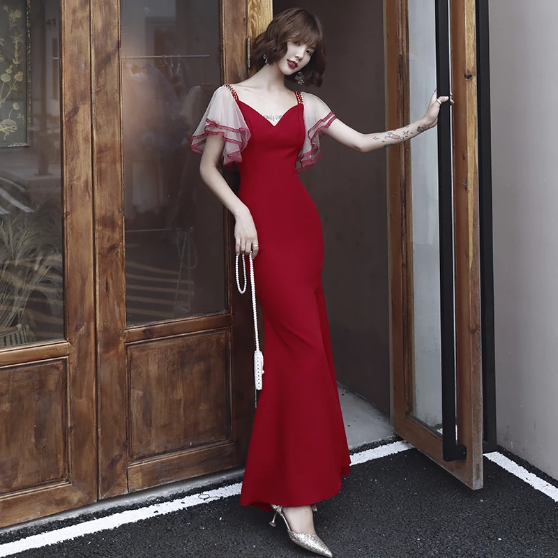 

Elegant Burgundy Evening Dresses 2019 Mermaid Long V Neck Formal Occasion Party Women Prom Mother Dresses