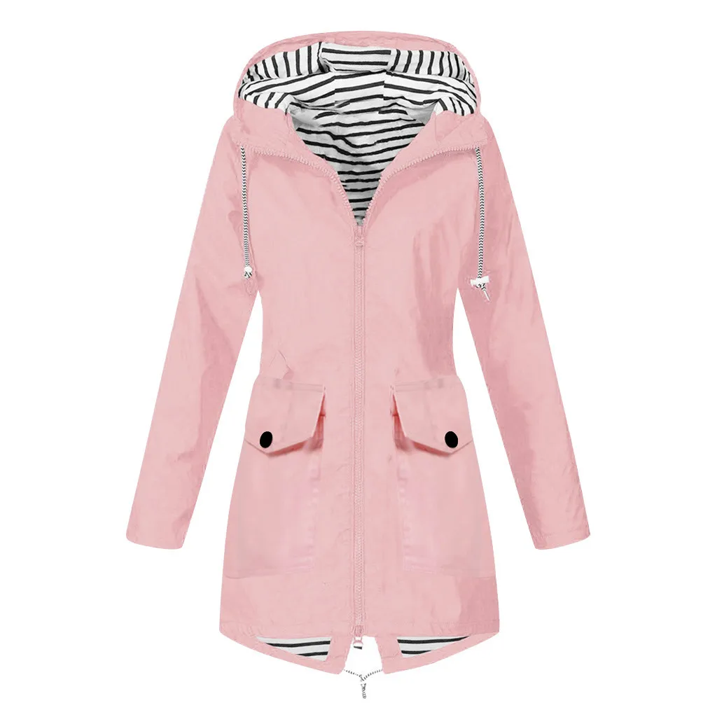 Женская однотонная дождевик для улицы, водонепроницаемая длинная куртка с капюшоном, ветрозащитная верхняя одежда большого размера, длинная теплая верхняя одежда с капюшоном