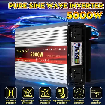 

Max 5000W Pure Sine Wave Car Power Inverter 12/24/48/60/72V TO 220V LCD Power Converter Rate Power 2500W for Home Camping Power