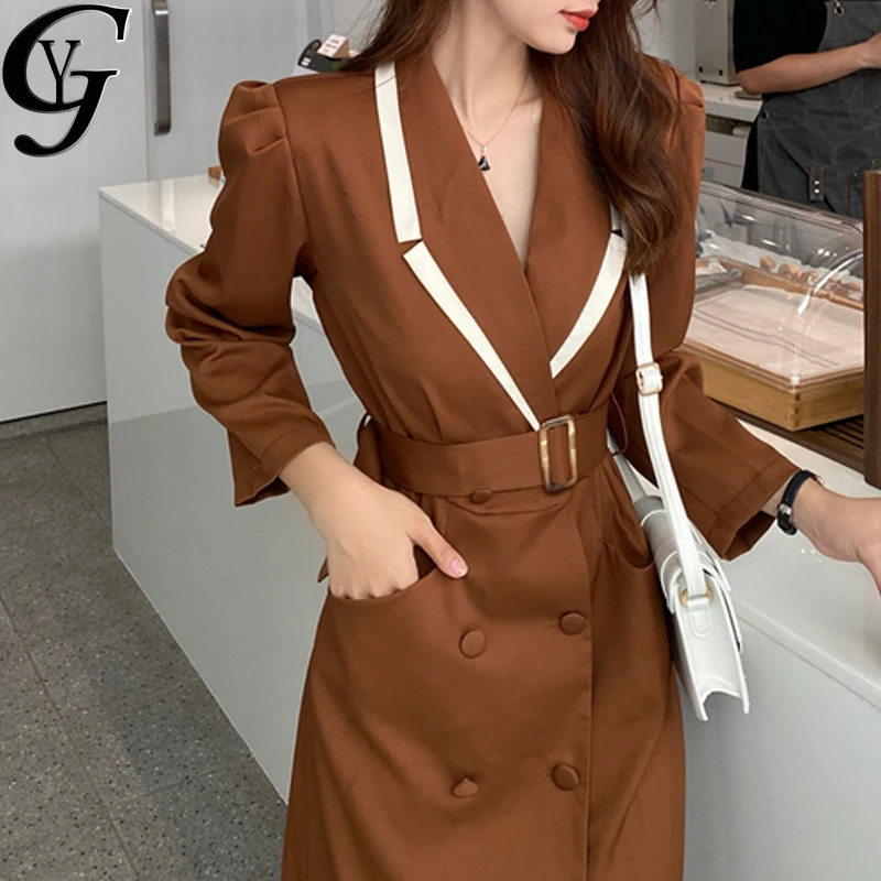 

Chic Ulzzang Double Breasted Blazer Women Maxi Dress 2020 Autumn Winter Work Wear Ladies Office Trench Dress Women Jacket Dress